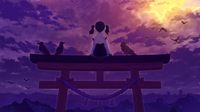 Anime girl with ravens on a torii gate