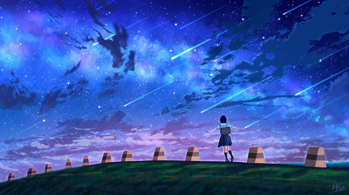 Anime Schoolgirl Under Shooting Stars