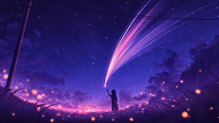 Anime Girl Reaching for Starfall in a Field