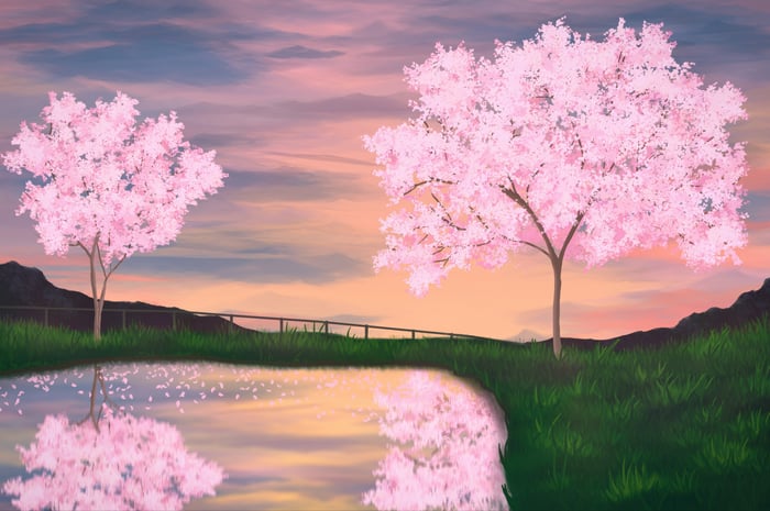 Peaceful Water Garden with Cherry Blossoms