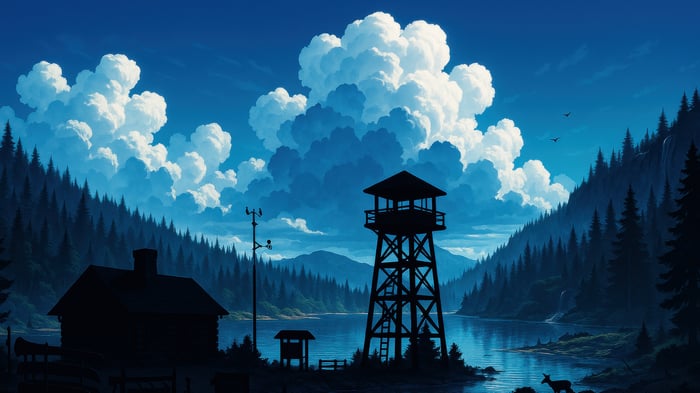 Mountain Lake Watchtower with Dramatic Clouds