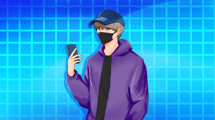 Man in purple hoodie and mask holding phone