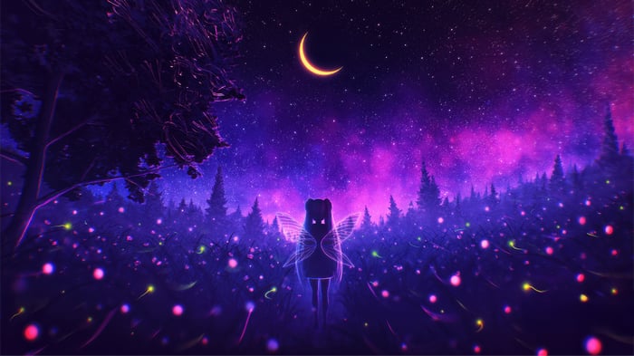 Fairy Girl With Wings in Mystical Forest Under Moon