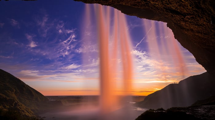 Seljalandsfoss Waterfall in Iceland at Sunset