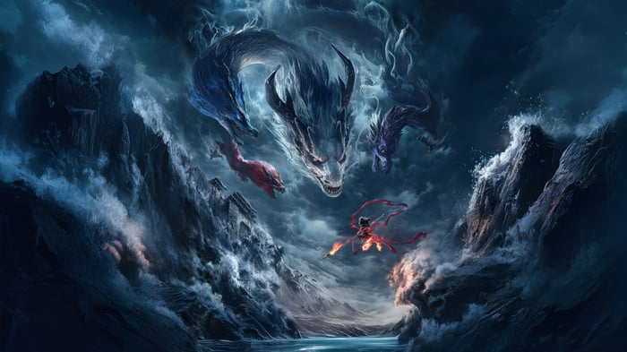 Ne Zha fights a multi-headed dragon in a stormy sea