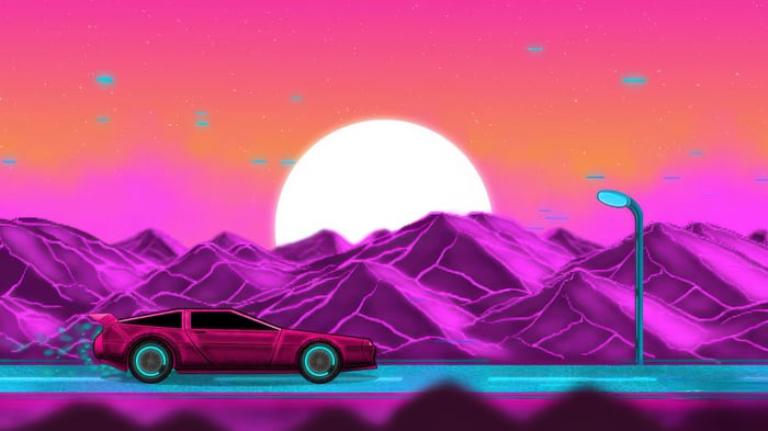 Neon Highway Synthwave Car In Mountains