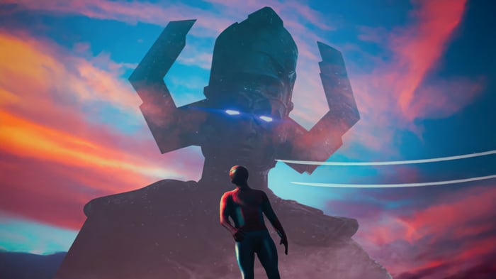 Spider-Man faces Galactus against a colorful sky