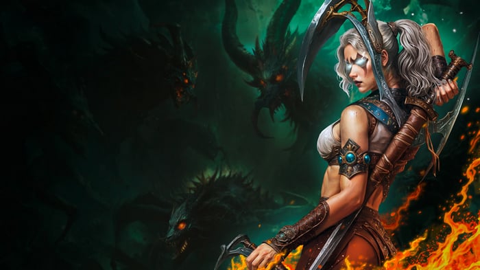Sacred 2 Remaster: Warrior Woman Fighting Dragons