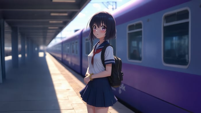 Anime schoolgirl at a train station