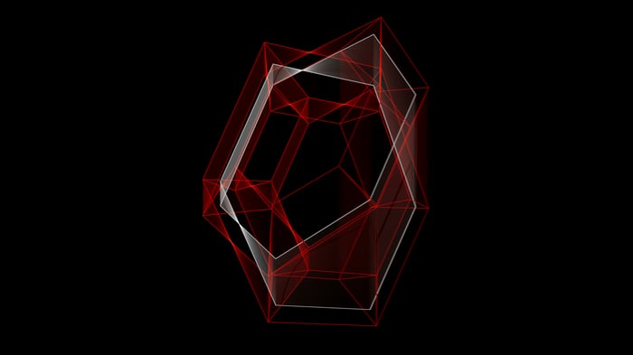 Red and white geometric object on black background