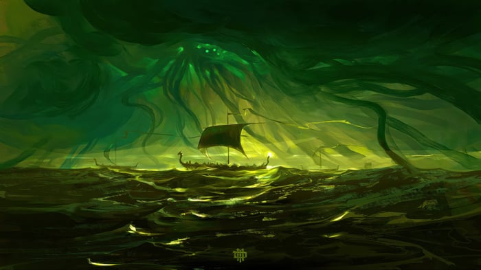 Fantasy art of a Viking ship in a stormy sea with a kraken