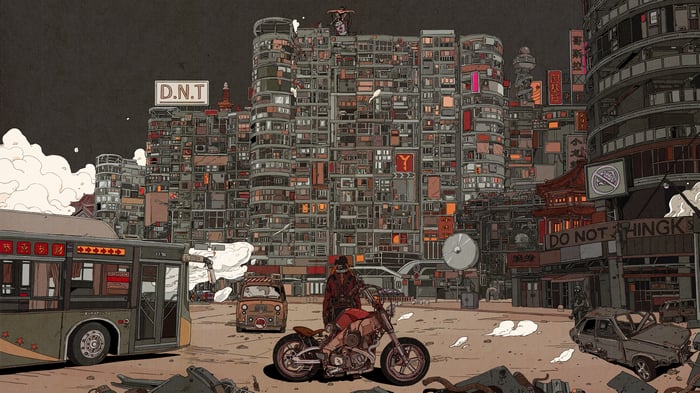 Abandoned Cyberpunk Metropolis with Motorcycle Rider