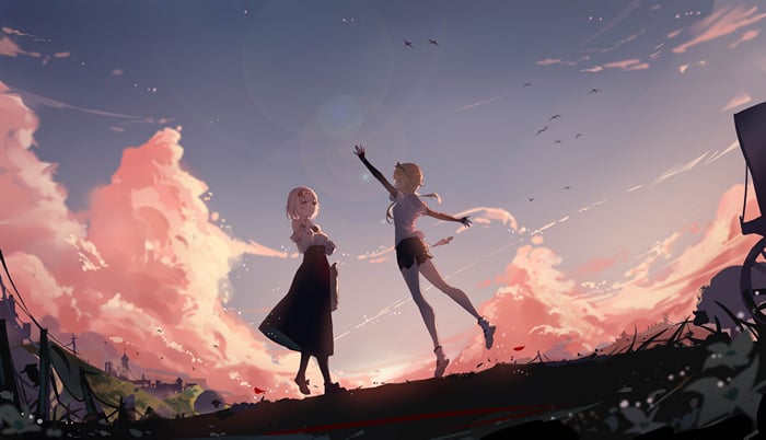 Lumine and companion in a sunset sky