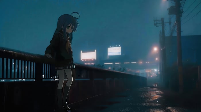Konata Izumi standing on a bridge at night