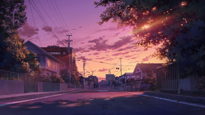 Anime street at sunset with orange sky