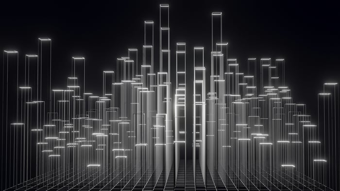Glowing glass grid abstract cityscape