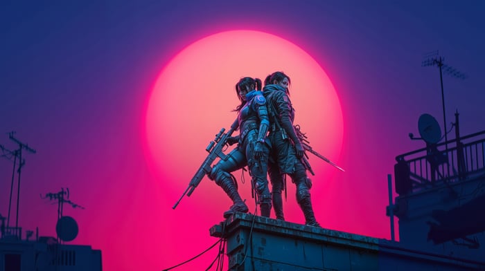 Two women with guns on a rooftop at sunset
