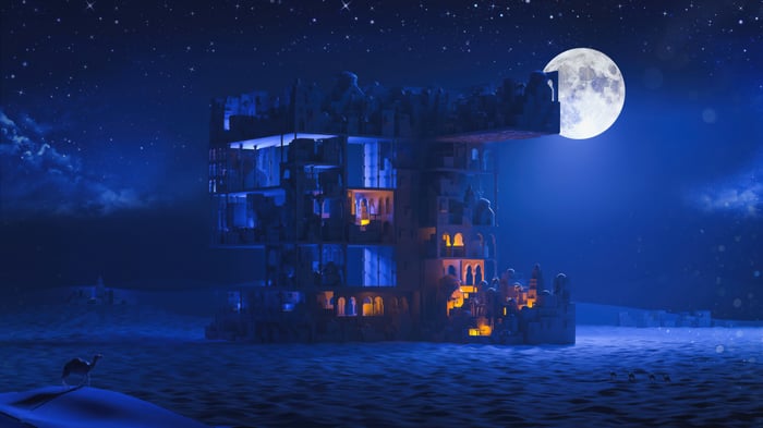Sci-fi desert city under a full moon at night
