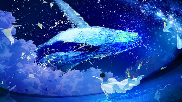 Anime girl with manta rays and flying whale in starry sky