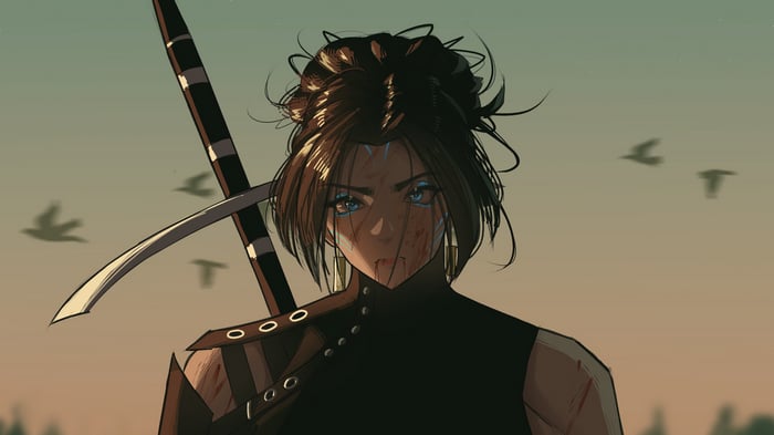 Woman warrior with sword and blood