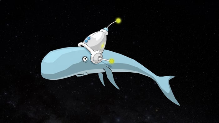 Blue whale with a space helmet in outer space