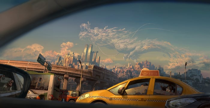Dragon in the Sky Over a Cityscape with Traffic