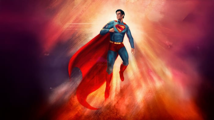 Superman flying with a red cape