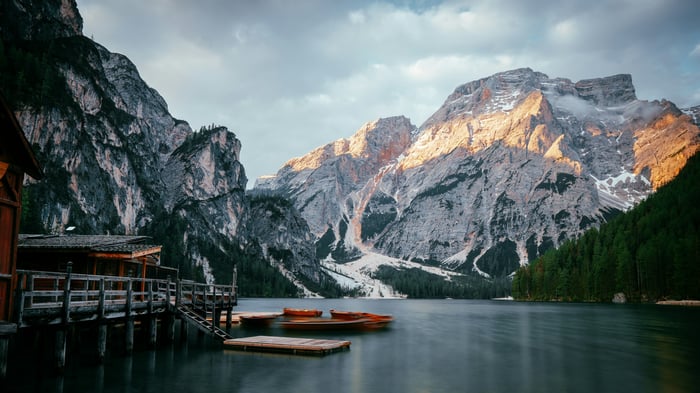 Pragser Wildsee Lake with Wooden Boathouse and Mountains