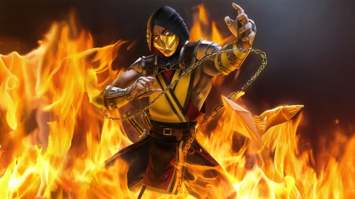 Scorpion from Mortal Kombat surrounded by fire
