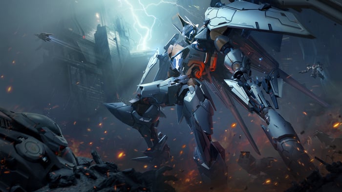 Mecha Break: Giant Robot Battle in Ruined Cityscape