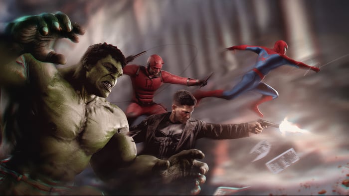 Hulk, Daredevil, Punisher, and Spider-Man in battle