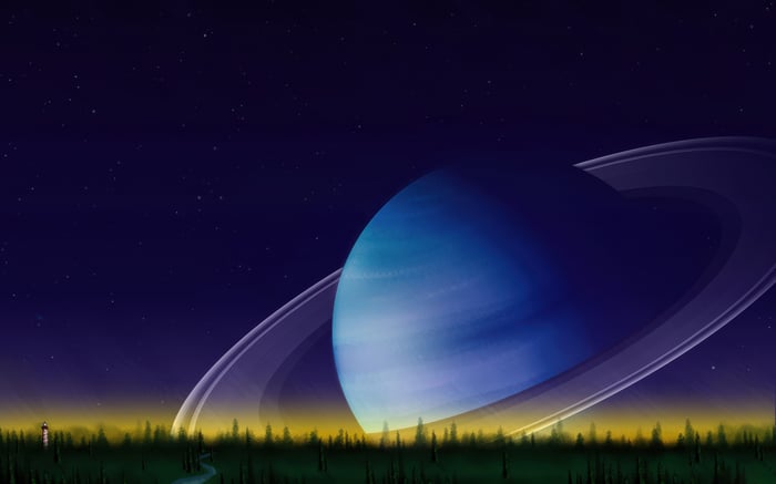 Saturn planet rising above a forest with a lighthouse