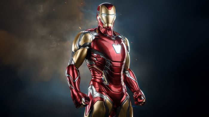 Iron Man in his suit with smoke and sparks