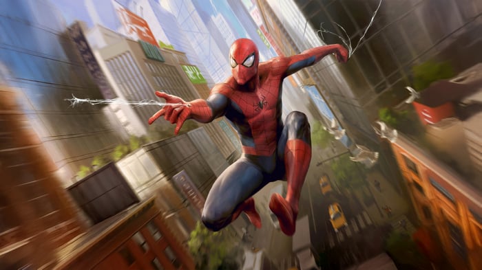 Spider-Man swings through a city