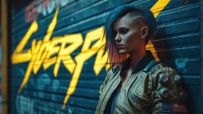 Cyberpunk 2077 character with blue hair