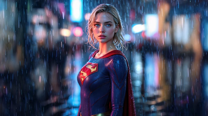 Supergirl in the rain at night