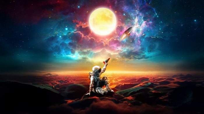 Astronaut on alien planet with moon and rocket