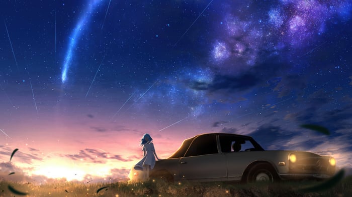 Anime girl and car under starry sky with shooting stars