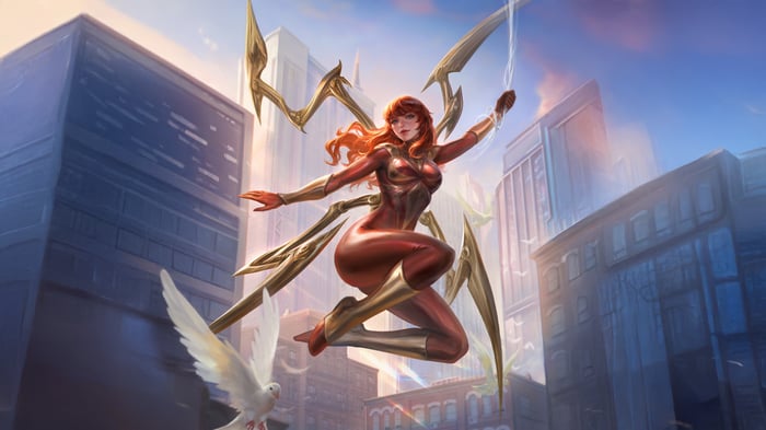 Iron Spider Mary Jane Swinging Through City