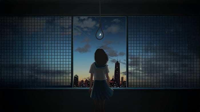 Girl Looking Out At City Skyline With Noose