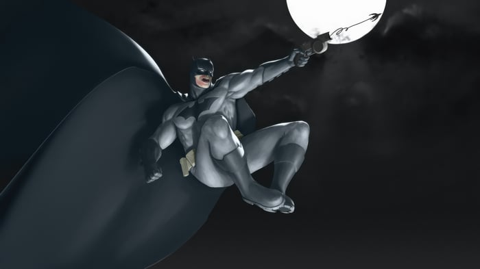 Batman uses grappling hook near the moon