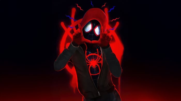 Miles Morales in a red hoodie and black suit