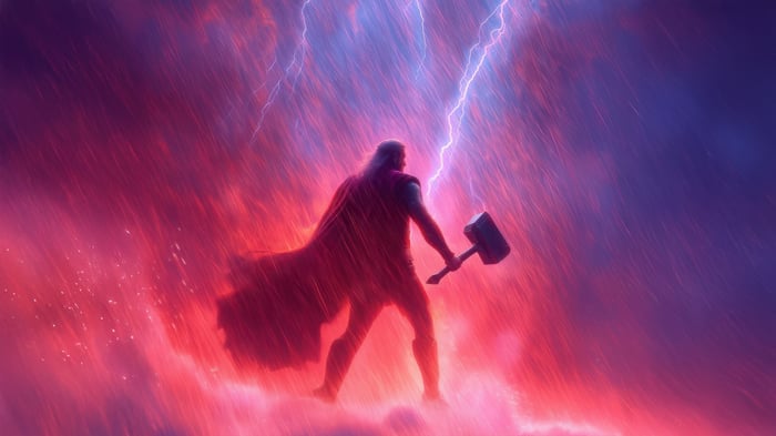 Thor Holding Mjolnir in a Lightning Storm
