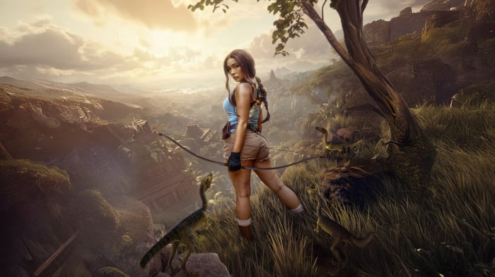 Tomb Raider Cosplay with Dinosaurs and Ancient Ruins