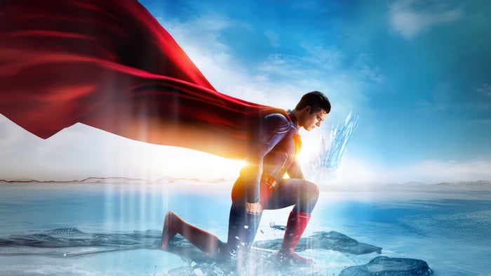 Superman kneeling in the Fortress of Solitude