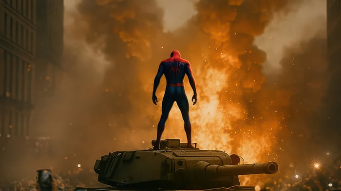 Spider-Man on a Tank Amidst Fire