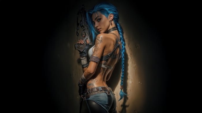Jinx with blue hair holding a gun