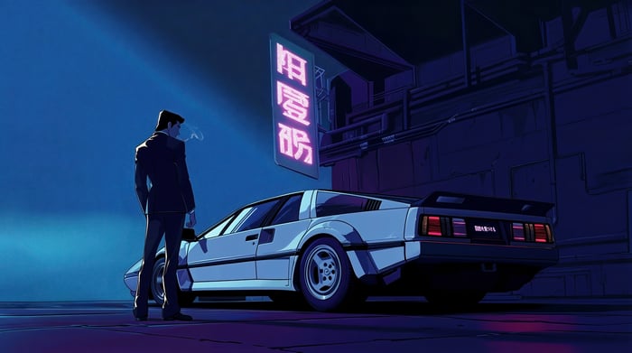 Man in suit by a retro car with neon sign