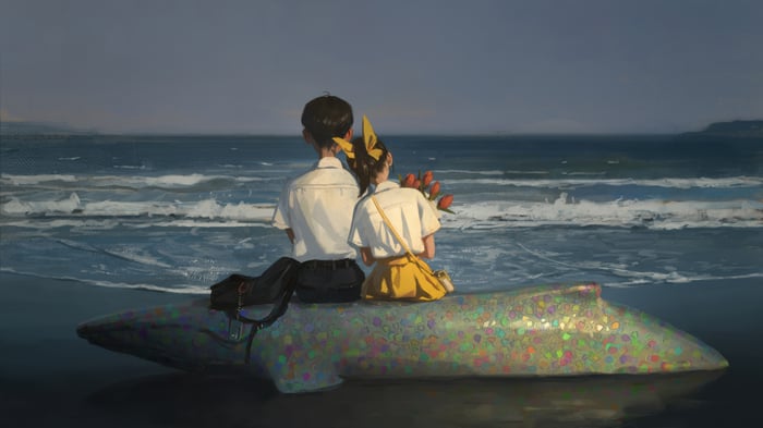 School boy and girl on a beach with flowers