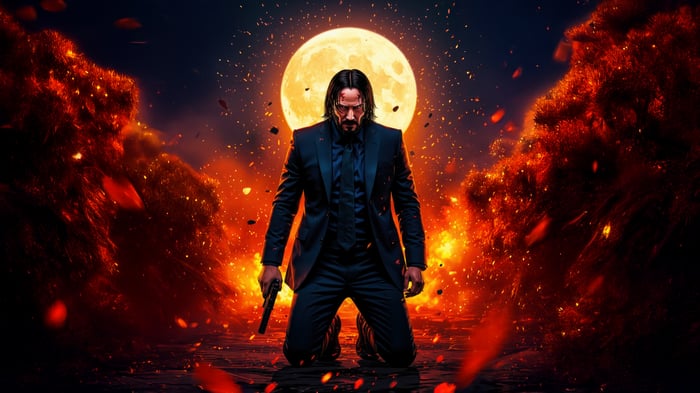John Wick kneeling with a gun in front of a full moon